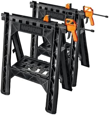 WORX Portable Folding Workbench, 2-in-1 Pegasus Table & Sawhorse, WX051 | 31"×25"×32" dimension, heavy load capacity, fast setup, includes 2 clamps & 4 clamp dogs, lightweight portable design