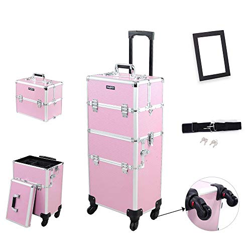 mefeir 2 in 1 Rolling Makeup Train Case Professional Cosmetic trolley on Wheels Aluminum Nail Cart Cosmetic Suitcase for professional makeup artist, Luggage Lockable w/4 Removable Wheels (Black)