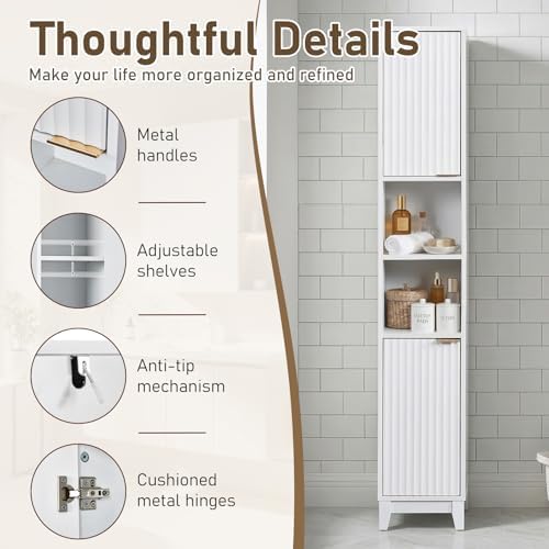 VINGLI White Fluted Tall Narrow Bathroom Cabinet, 67" Slim Freestanding Storage Cabinet for Small Spaces, Wood Linen Tower Floor Cabinet with 2 Doors