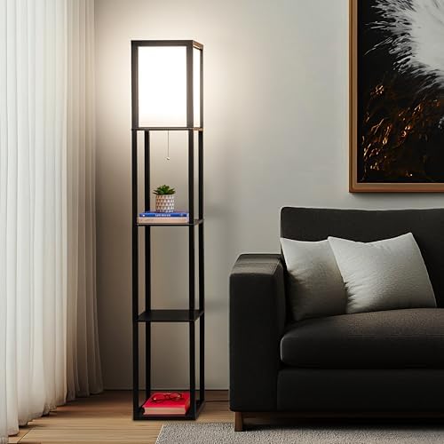 Brightech Maxwell - Modern Shelf Floor Lamp with Lamp Shade & Warm White LED Bulb, Corner Display Floor Lamp with Shelves for Living Room, Bedroom, Nightstand Office, Home Decor Storage - Natural Wood