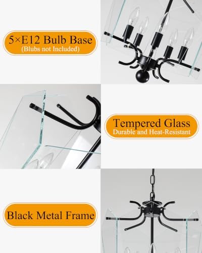 Mid Century Glass Chandelier, Retro Black Chandelier Pendant Light | Height Adjustable, 5-Light E12