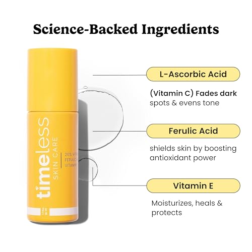 Timeless Skin Care Vitamin C Serum with Vitamin E & Ferulic Acid - Brightening Serum - for Oily & Dry Skin - Fragrance-Free - 1 oz | Vitamin C Serum for Even Skin Tone and Collagen Support, Antioxidant-Rich Advanced Skincare Formula, Lightweight