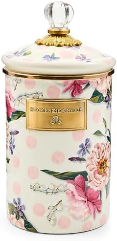 MACKENZIE-CHILDS Enamel Canister, Large, White Butterfly Garden | Hand-applied design, made from enameled steel, versatile kitchen storage container for flour and sugar, 64-ounce capacity
