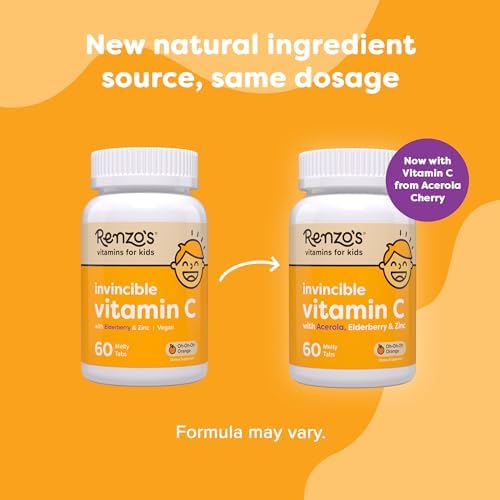Renzo's Invincible Kids Vitamin C with Elderberry Vitamin C and Zinc, Dissolvable Kids Vitamins for Immune Support, Sugar-Free Melty Tabs