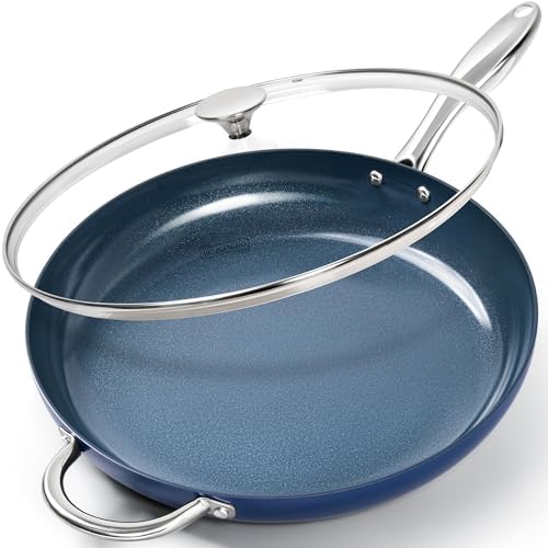MICHELANGELO 10 Inch Frying Pan with Lid, Blue Frying Pan with Nonstick Diamond Infused Coating, Nonstick Frying Pans, Diamond Fry Pan Blue