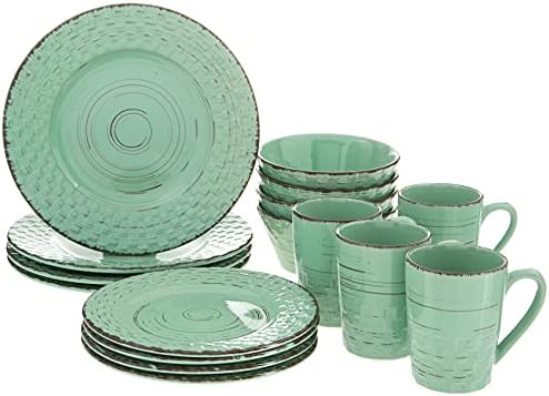 Lorren Home Trends Distressed Weave Dinnerware Set, Buttercup, 16 Piece | Service for 4