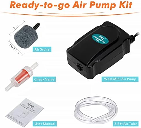 hygger Mini Aquarium Air Pump Kit Small Fish Tank Air Pump 1W for 2-20 Gallon Fish Bowl with Air Tube Air Bubbler Stone Check Valve