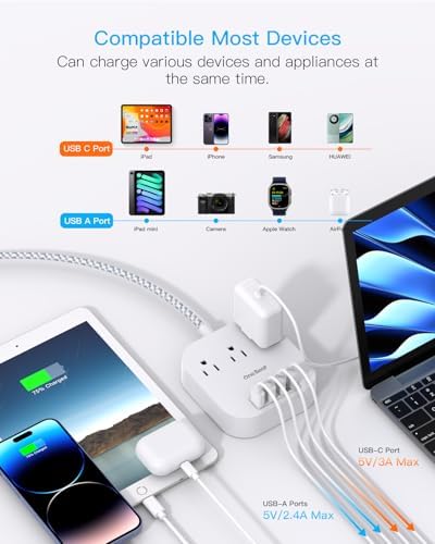 One Beat Power Strip with USB C, 3 Outlets 4 USB Ports (22.5W/4.5A), 6ft