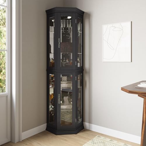 BELLEZE Lighted Wooden Corner Display Curio Cabinet, Two Section Shelving Unit with Tempered Glass Door