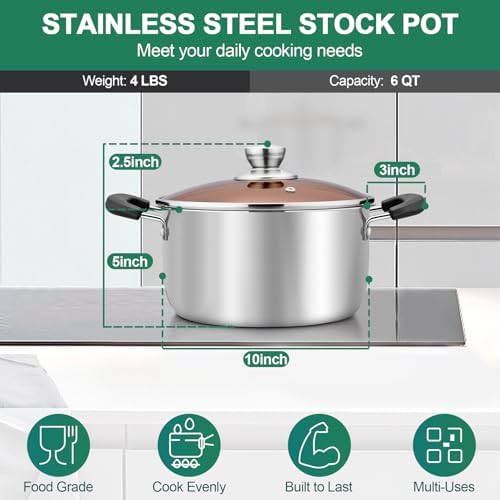 TeamFar 4 Quart Stock Pot, Stainless Steel Stock Pasta Soup Pot with Lid