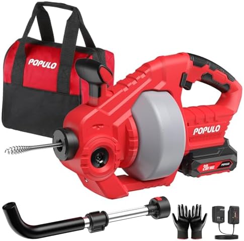 POPULO 20V Cordless Electric Drain Snake, 25Ft Replaceable Cable with 2.0Ah Battery, Extension Tube & Charger