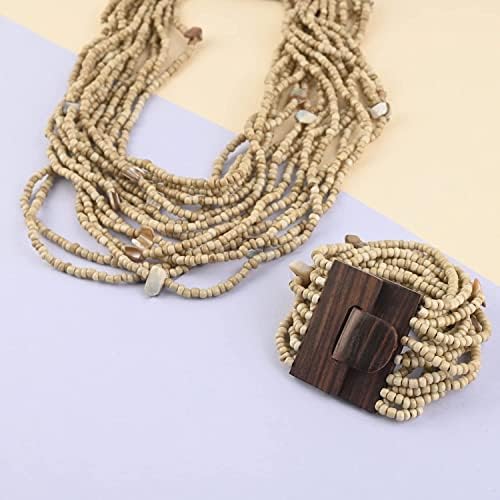 Shop LC Seed Bead Wooden Buckle Stretch Bracelet Multi Strand Layered Necklace Jewelry Set for Women Birthday Gifts 18"