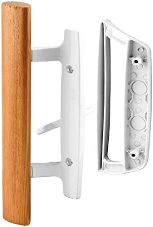 Mortise Style Reversible Sliding Patio Door Handle Set with Oak Wood Interior Handle and Exterior Pull in White Diecast Finish Fits 3-15/16” Screw