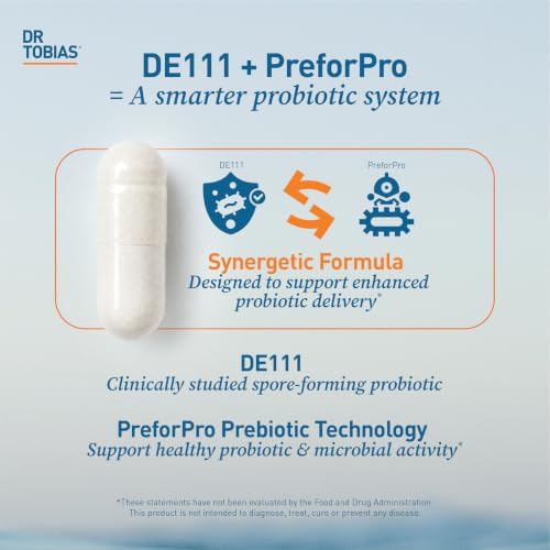 Dr. Tobias Deep Immune Probiotic + Prebiotic 60 Capsules | Gut Health | Dual Action Gut & Immune Support | DE111 Spore Forming Probiotics + PreforPro | Targeted Release | Shelf Stable | 30 Servings