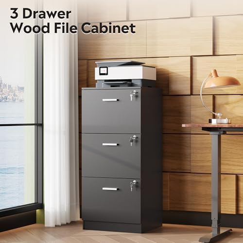 DEVAISE 3 Drawer Wood File Cabinet with Lock, Fits Letter and A4 Size | Wooden Tall Vertical Filing Cabinet, Home Office Printer Stand, Easy Assembly, White