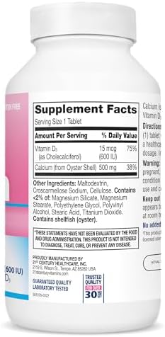 21st Century Calcium 500 Plus Extra D3 Caplets, Bone Health, 400 Count | Calcium 500 mg with Extra Vitamin D3 600 IU, Bone Strength & Density Support