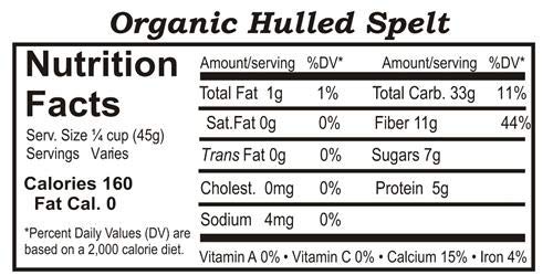 100% Organic Hulled Spelt Berries; Bulk