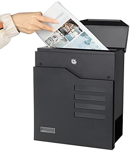 Decaller Large Capacity Mailbox with Key Lock, Wall Mount Metal Mail Box with Newspaper Compartment for Outside, 14.4" x 13" x 4.2", 938 Black