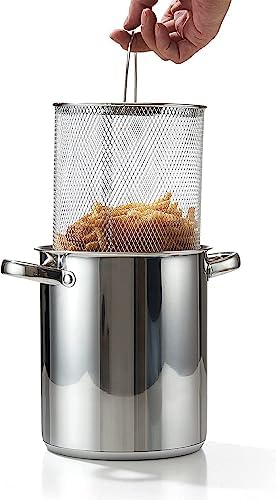 Cook N Home Basics 4-Quart Deep Fryer Pot with Basket, Japanese Tempura Small Stainless Steel Frying Pot with Oil Drip Drainer Rack, Glass Lid, Suitable for Kitchen French Fries, Chicken