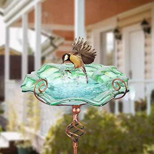 VCUTEKA Glass Bird Bath Outdoor Birdfeeder with Metal Stake Garden Decor