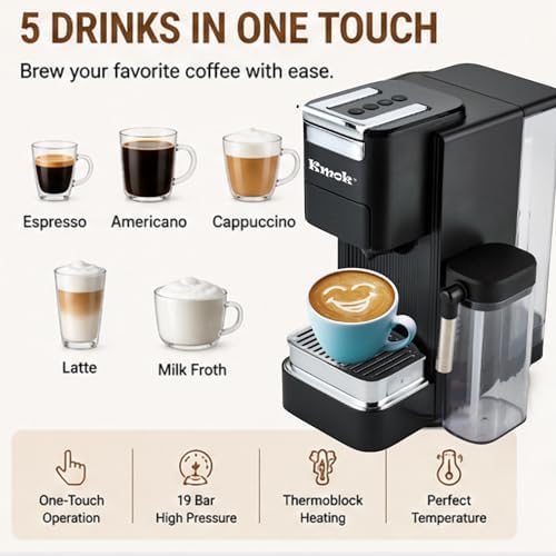 19 Bar Multi-Capsule Coffee Maker with Milk Frother | Compatible with Nespresso/K-Cup/E.S.E./DG, Adjustable Temp & Volume, 1.2L Water Tank