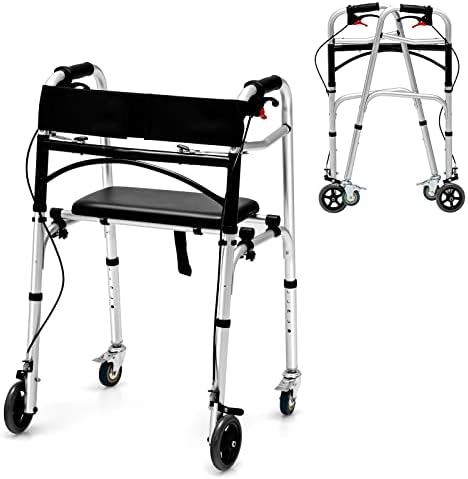 Goplus Walkers for Seniors, 4-in-1 Folding Walker with 5’’ Wheels, Detachable Seat, Height Adjustable Stand Up Walker