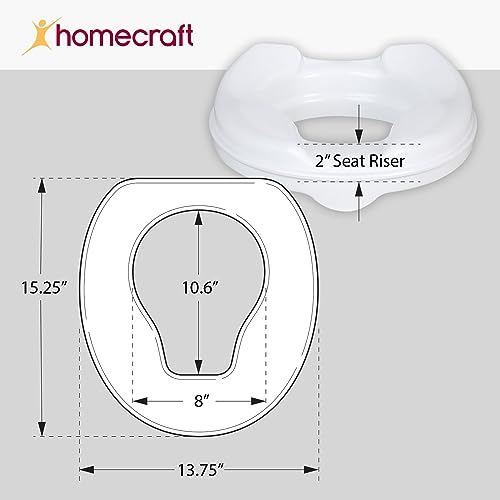 Homecraft Savanah Raised Toilet Seat, 2" High Elevated Toilet Seat Locks Onto Most Toilets, Portable Assistance Commode Seat with Sturdy Brackets