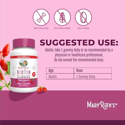 MARYRUTH'S Biotin Gummies, Hair Growth, Vegan, Sugar Free, Non-GMO, 60 Ct | Sugar Free, Vegan, Non-GMO, 2,500 mcg Biotin, Hair Skin and Nails