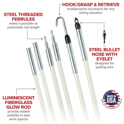 Jameson 18 ft Glow Fish Rod Kit - Non-Conductive Fiberglass Glow Rods for Running Wire in Ceilings, Attics, Floors