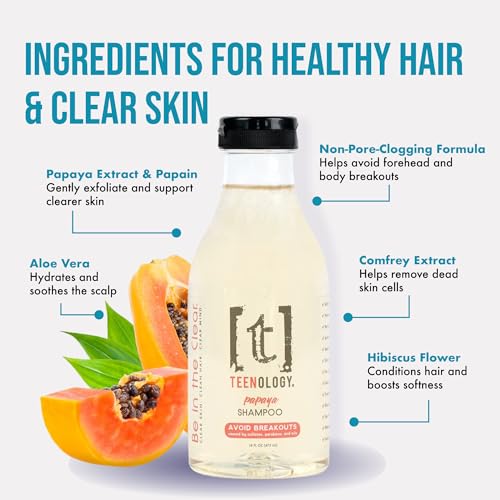 Teenology Teen Shampoo – Avoid Acne Breakouts, Sulfate & Paraben Free | Blueberry Pomegranate Cucumber – Free of pore-clogging oils – non-comedogenic formula with botanicals for acne-prone skin