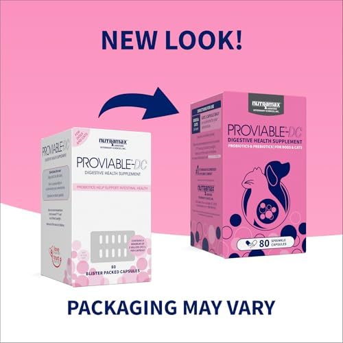 Nutramax Proviable Probiotics + Prebiotics, for Dogs & Cats, Capsules, 80ct | Probiotics and Prebiotics for Cats and Dogs, Daily Gut Health Support Supplement, Multiple Strains, Sprinkle on Food
