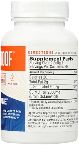 Bulletproof Brain Octane Softgels, 60 Count - 100% Pure C8 from Coconut | Pure C8 MCT Oil for Sustained Energy
