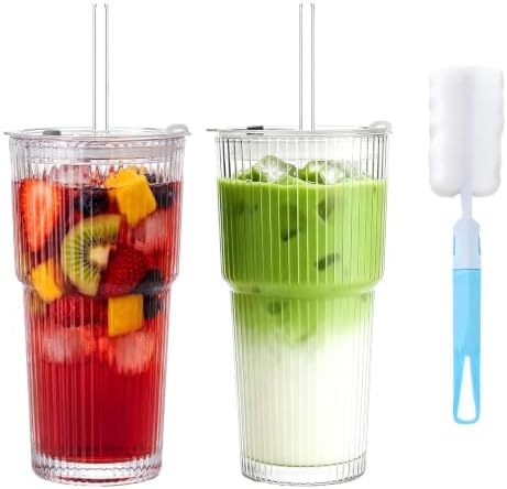 Glass Cups with Lids and Straws, 2Pcs 20oz Glass Coffee Cups Leak Proof | Ribbed Thick Reusable Glass Tumbler with Straw and Lid, Fits Car Cup Holder