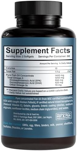 Omega-3 Supreme 1400 mg Wild Alaskan Fish Oil | Enteric Coated, Burpless | MSC Certified High EPA DHA, Improved Absorption & Heavy Metal Tested (3 Mo Supply,180 Softgels)