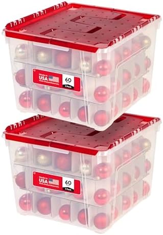 IRIS USA 2-Pack Holiday Ornament Storage Box with Attached Lid, Clear/Red