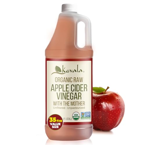 Kevala Organic Raw Apple Cider Vinegar - 35 oz, Cooking, Baking, Hair Care | Gluten Free and Peanuts Free, Ingredient for Vinaigrettes, Dressings, and Detox Shots, Contains the Natural Mother of Vinegar
