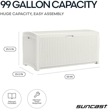 Suncast 99 Gal Wicker Resin Deck Box, Storage Chest Bin with Handles, Java