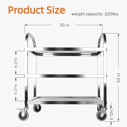 Nisorpa 3 Tier Kitchen Rolling Cart, Stainless Steel, L30 x W16 x H33 Inch