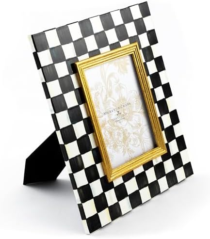 MACKENZIE-CHILDS 5x7 Picture Frame, Black-and-White Courtly Check | Fits 5x7 photos, made from enameled steel with glass pane, linen easel back