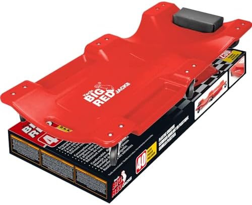 BIG RED TRP6240 Torin Blow Molded Plastic Rolling Garage/Shop Creeper: 40" Mechanic Cart with Padded Headrest, Dual Tool Trays and 6 Casters, Red