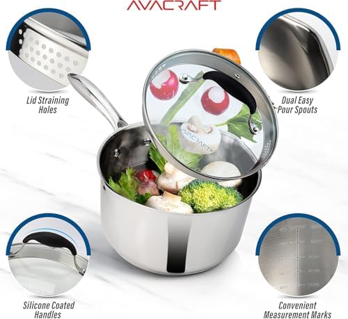 AVACRAFT 2.5 Quart Stainless Steel Saucepan with Glass Strainer Lid | 18/10 Stainless Steel, 5-Ply Capsule Base, Dual Pour Spouts, Induction Compatible, Ergonomic Handle, Dishwasher Safe