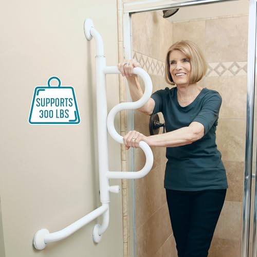Stander Curve Grab Bar with Handrail, Bathroom Security Assist Railing for Toilet, Shower, and Bathtub Aid, Rotating Safety Handle