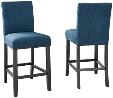 Biony Blue Fabric Counter Height Stools with Nailhead Trim, Set of 2