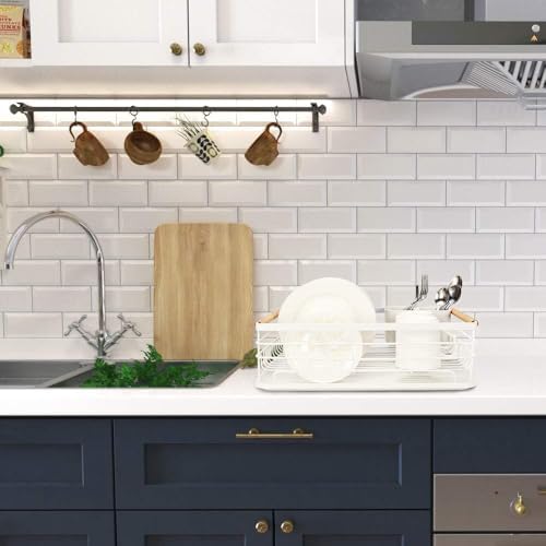 Dish Drying Rack with Wood Handle, Drain Board, White