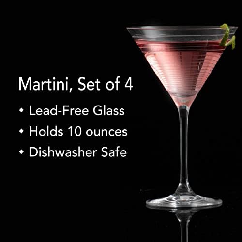 Mikasa Cheers 10-Ounce Martini Glasses, Fun Etched Designs, Durable Clear Glass Cocktail Glassware, Set of 4, Perfect for Entertaining and Gifting