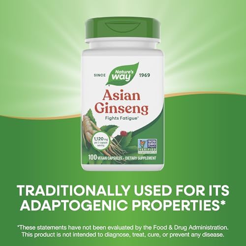 Nature's Way Asian Ginseng, Fights Fatigue*, 1,120mg per Serving, 100 ct | Dietary Supplement, Non-GMO Project Verified, Vegan Capsules
