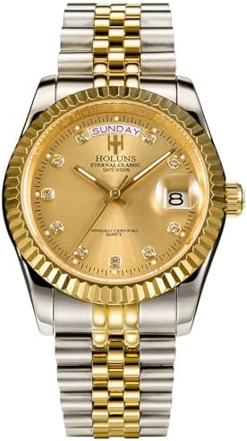 41MM Men's Gold Plated Stainless Steel Waterproof Quartz Watch Luxury Wristwatch with Date Week Display