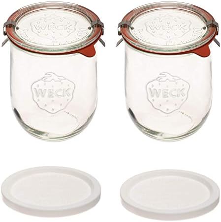 Weck Tulip Jars 1 Liter - Large Sour Dough Starter Jars with Wide Mouth - Suitable for Canning and Storage - 2 with Glass Lids