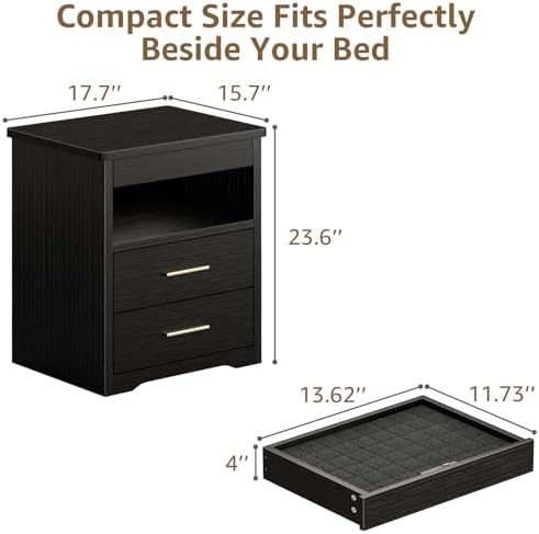 Black Nightstand with Gun Drawer for Bedroom - Modern 3 Drawers Night Stand Gun Safe for Handgun Bed Side Table with Storage Hidden Compartment