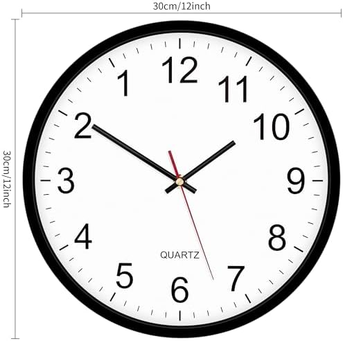 Foxtop 12 Inch Wall Clock Silent Battery Operated Analog Clock, Black